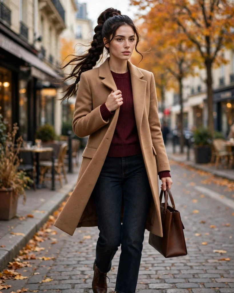 Sweater with a Tailored Coat and Straight-Leg Jeans Fall Sweater Outfit