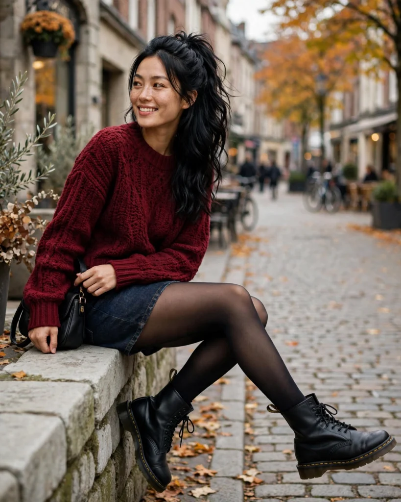 Sweater with a Denim Mini Skirt and Doc Martens Doc Martens Fall Outfit