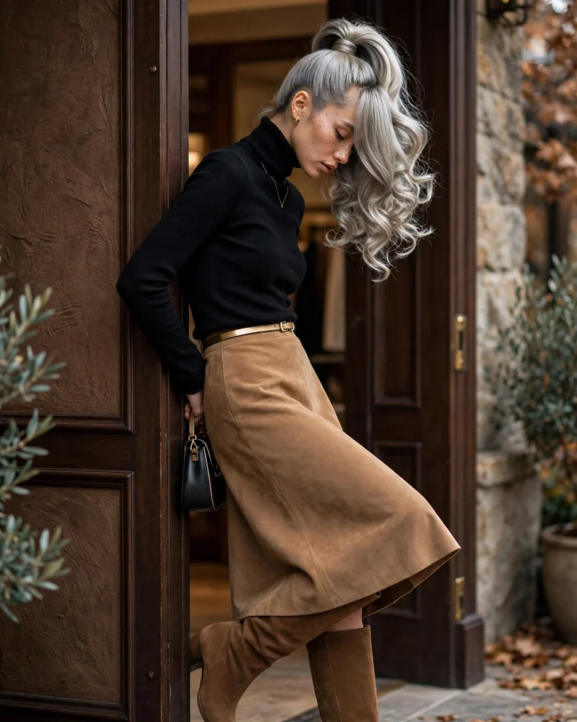 Turtleneck with a Suede Midi Skirt Cozy Autumn Outfit