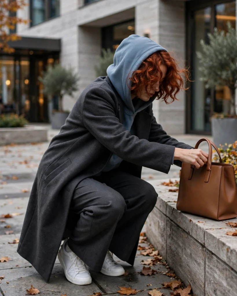 Soft Hoodie with a Tailored Coat and Wide-Leg Pants Cozy Autumn Outfit