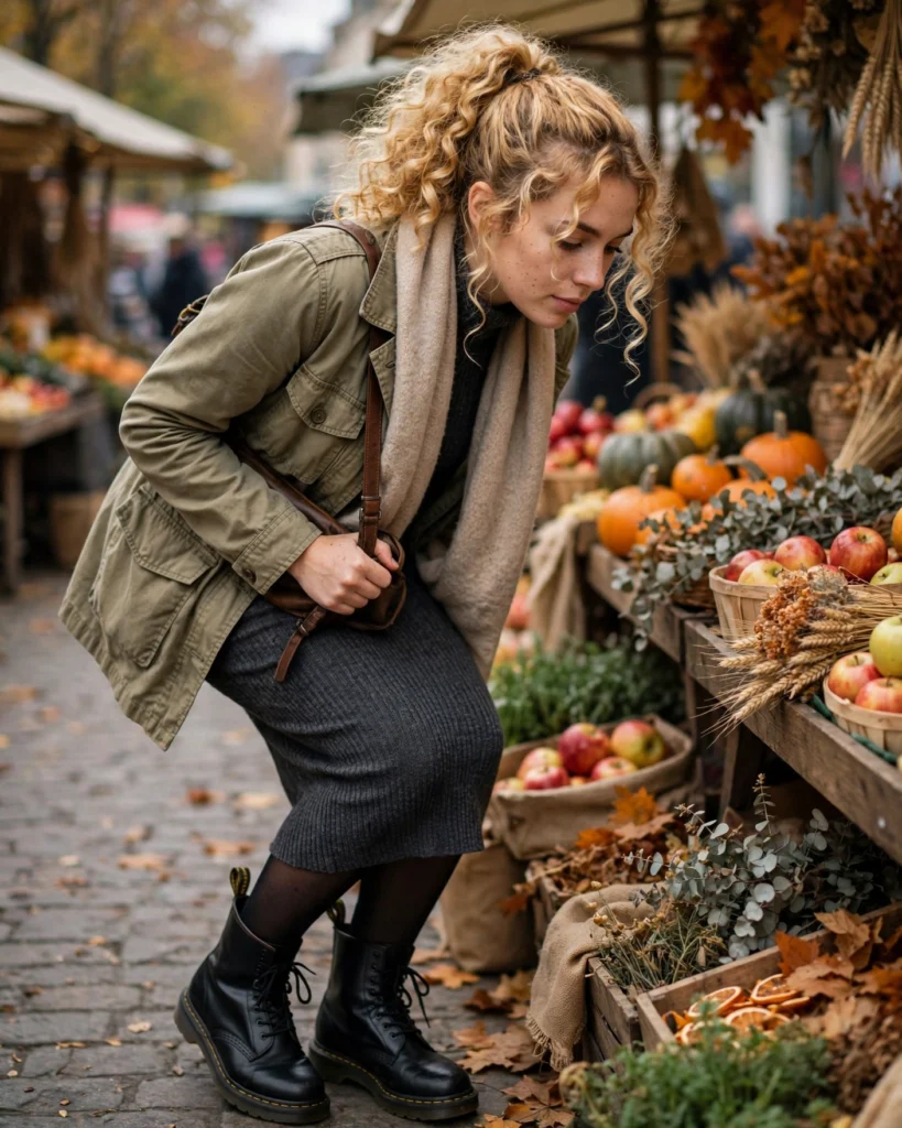 Utility Jacket with a Knit Dress Doc Martens Fall Outfit