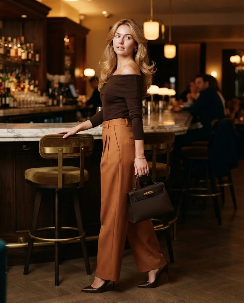 Antique Copper Pleated Trousers With a Deep Brown Off-Shoulder Knit Old Money Fall Bar Outfit