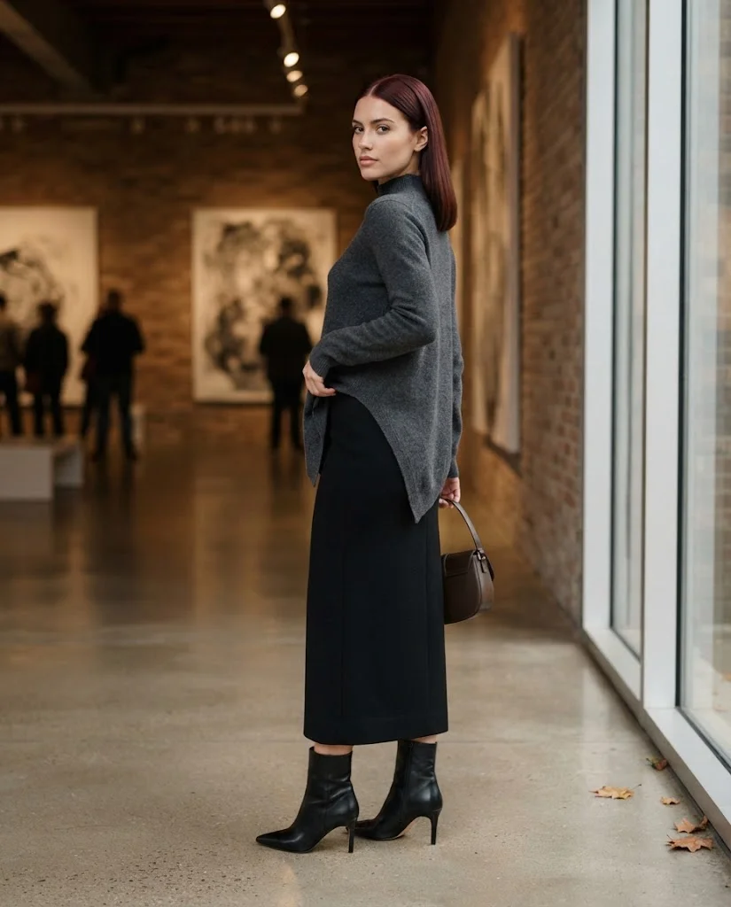 Asymmetric Sweater with Straight Midi Skirt October Outfit