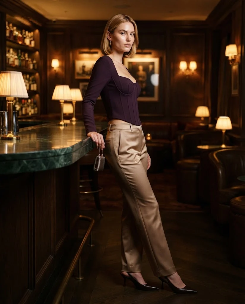 Aubergine Corset-Seamed Top With Champagne-Brown Trousers Old Money Fall Bar Outfit