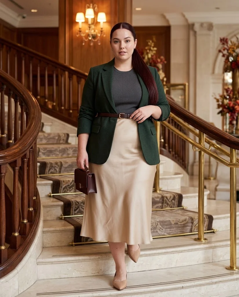 Belted Blazer with a Satin Midi Skirt Plus Size October Outfit