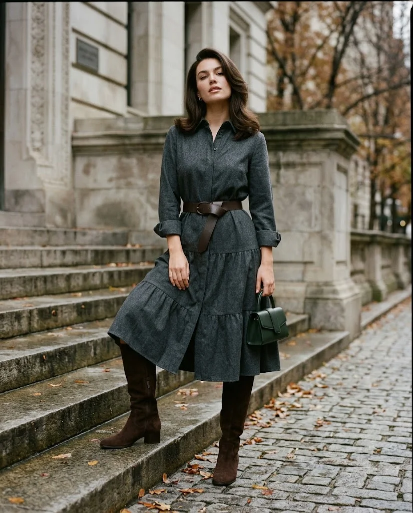 Belted Shirt Dress with Tall Boots October Outfit