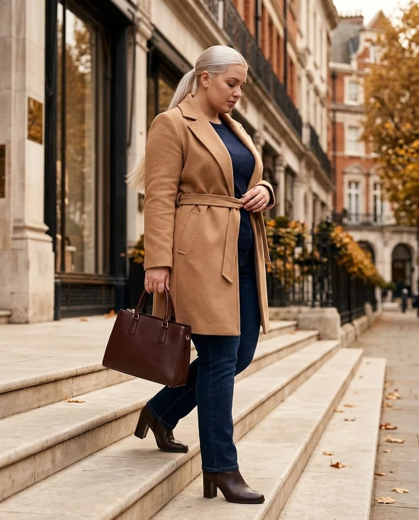 Plus Size Cold Fall Outfits: Cozy Looks for Chilly Autumn Days 13 Belted Wool-Blend Coat + Jeans + Heeled Boots Plus Size Cold Fall Outfit