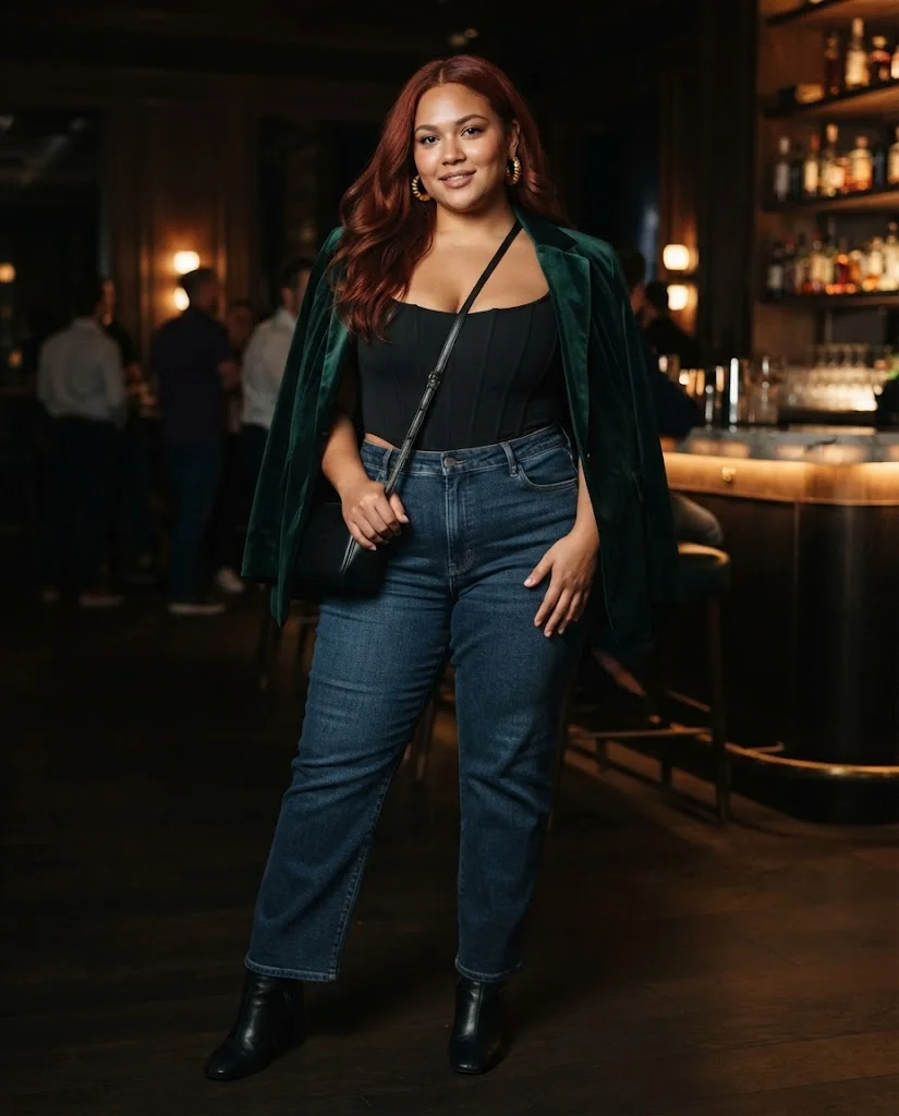 Plus Size Fall Bar Outfits: 20 Chic Looks for Nights Out 2 Black Corset Top With High Rise Straight Leg Jeans and a Velvet Blazer Plus Size Fall Bar Outfit