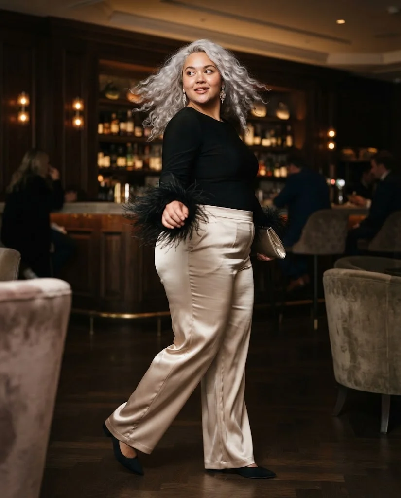 Plus Size Fall Bar Outfits: 20 Chic Looks for Nights Out 6 Black Feather Trim Top With Champagne Satin Trousers Plus Size Fall Bar Outfit