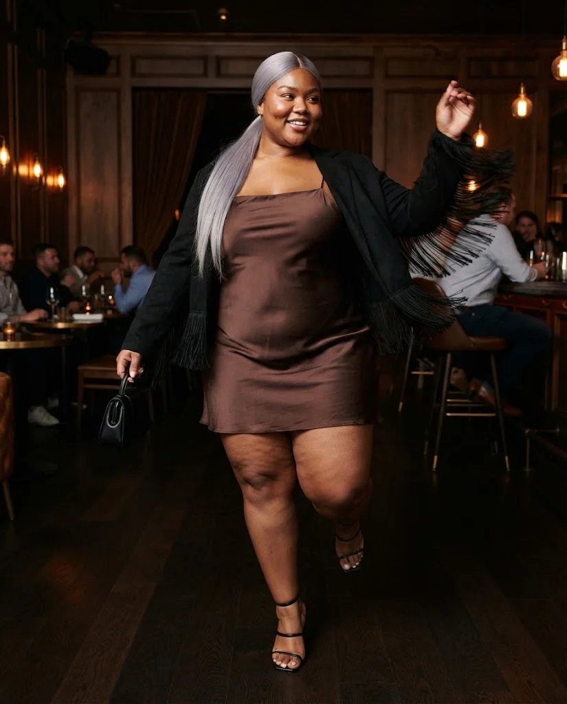 Plus Size Fall Bar Outfits: 20 Chic Looks for Nights Out 20 Black Fringe Trim Jacket With a Chocolate Satin Slip Dress Plus Size Fall Bar Outfit