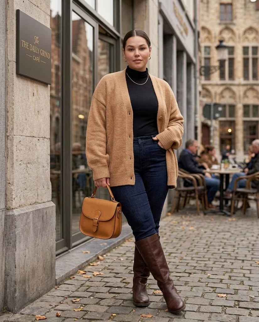 Black Jeans and Oversized Cardigan with Ankle Boots Plus Size Late Fall Outfit