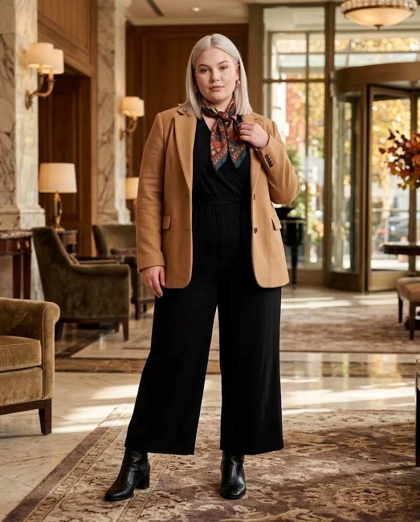Black Jumpsuit with a Printed Scarf Plus Size October Outfit