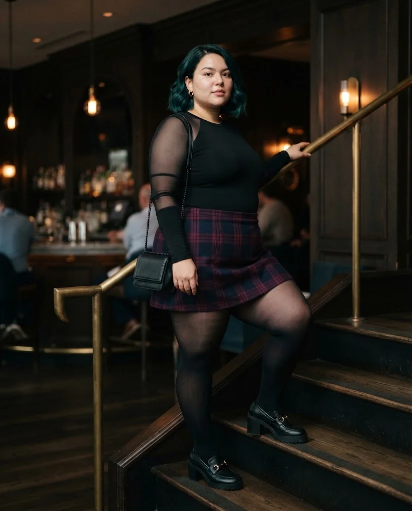 Plus Size Fall Bar Outfits: 20 Chic Looks for Nights Out 11 Black Mesh Panel Bodysuit With a Plaid Mini Skirt and Loafers Plus Size Fall Bar Outfit