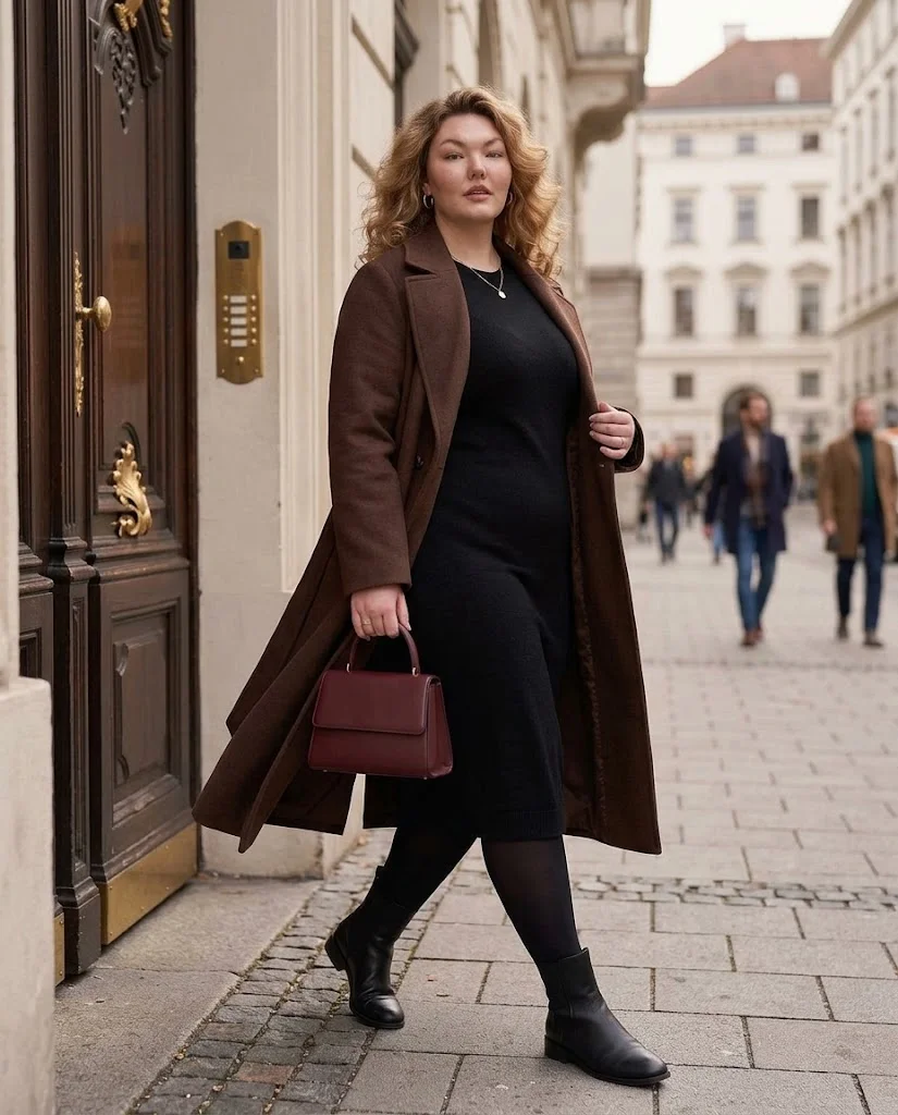Black Midi Dress and Tights with Ankle Boots Plus Size Late Fall Outfit
