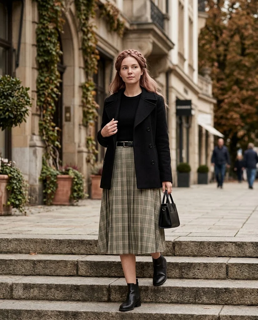 Black Peacoat with a Plaid Midi Skirt Peacoat Fall Outfit