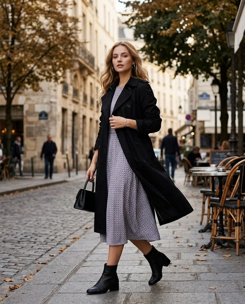 Trench Coat Fall Outfits: 22 Chic Outfit Ideas to Elevate Your Autumn Wardrobe 5 Black Trench Coat with a Printed Midi Dress Trench Coat Fall Outfit