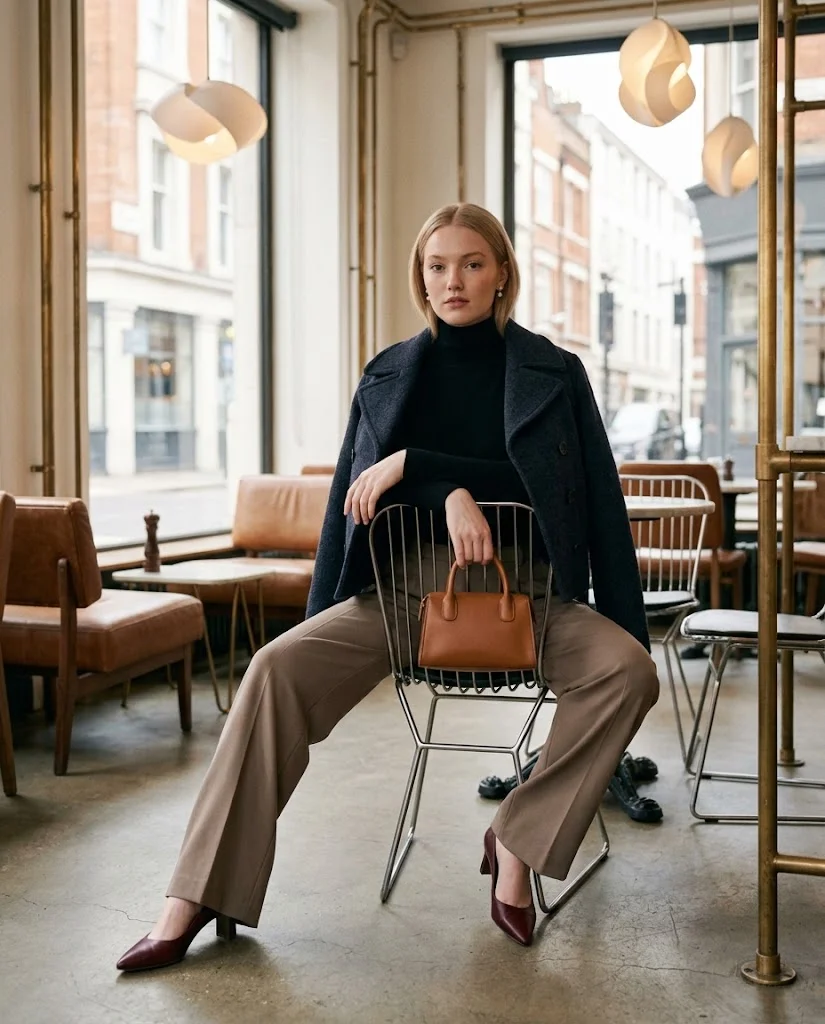 20 Late Fall Outfit Ideas for Women 12 Black Turtleneck with Mushroom-Tone Wide Trousers Late Fall Outfit