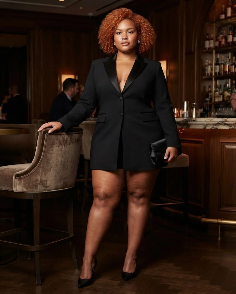Plus Size Fall Bar Outfits: 20 Chic Looks for Nights Out 17 Black Tuxedo Mini Dress With Sheer Tights and Classic Pumps Plus Size Fall Bar Outfit