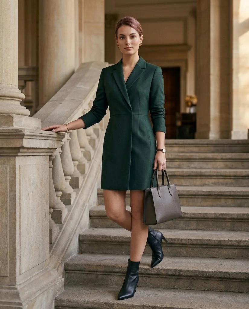 22 Fall Professional Outfits for Women: Chic Office Looks for Every Workday 15 Blazer Dress with Ankle Boots Fall Professional Outfit