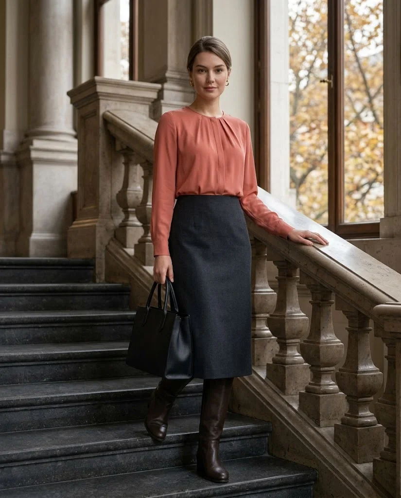22 Fall Professional Outfits for Women: Chic Office Looks for Every Workday 20 Blouse with a Dark Midi Skirt and Tall Boots Fall Professional Outfit