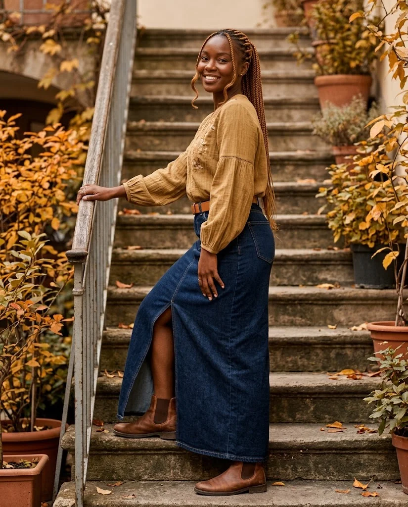 21 Boho Chic Fall Outfits: Effortless Bohemian Style Ideas 18 Boho Blouse with a Denim Maxi Skirt Boho Chic Fall Outfit