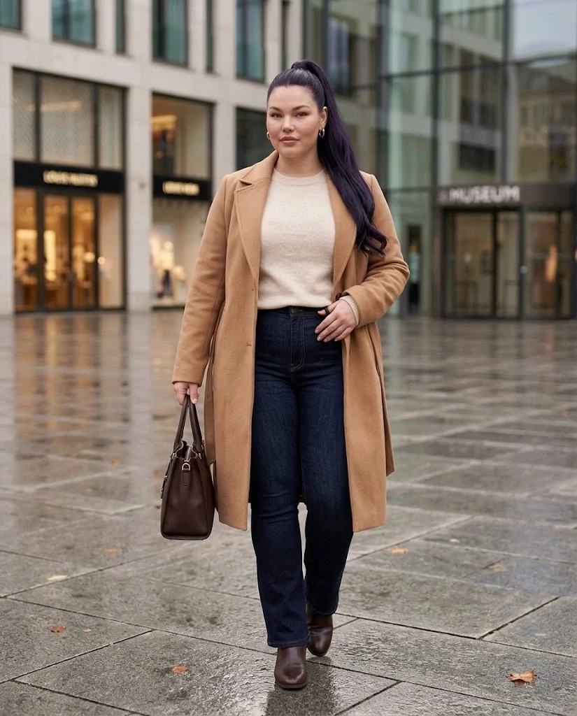 Bootcut Jeans and Fine-Knit Sweater with Belted Coat Plus Size Late Fall Outfit