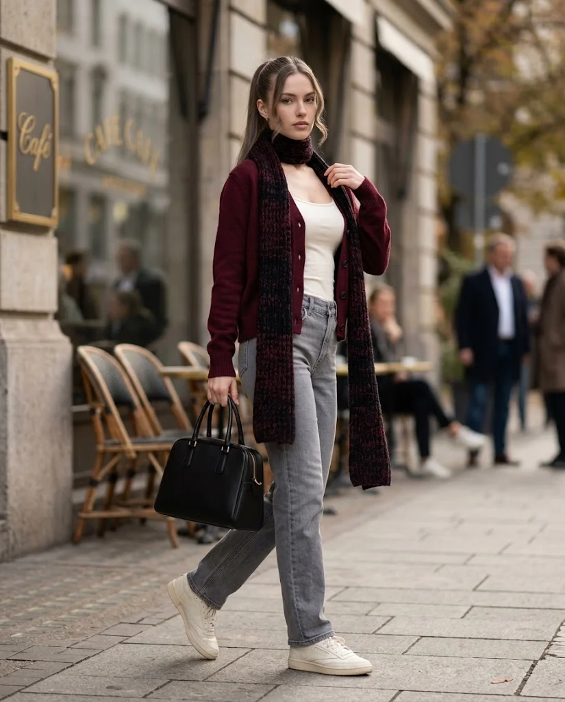 20 Late Fall Outfit Ideas for Women 6 Burgundy Cardigan with Soft Gray Jeans Late Fall Outfit