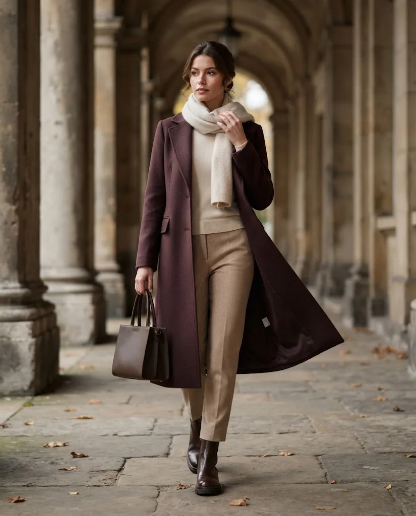 Burgundy Coat with Neutral Fall Layers Old Money Cold Fall Outfit