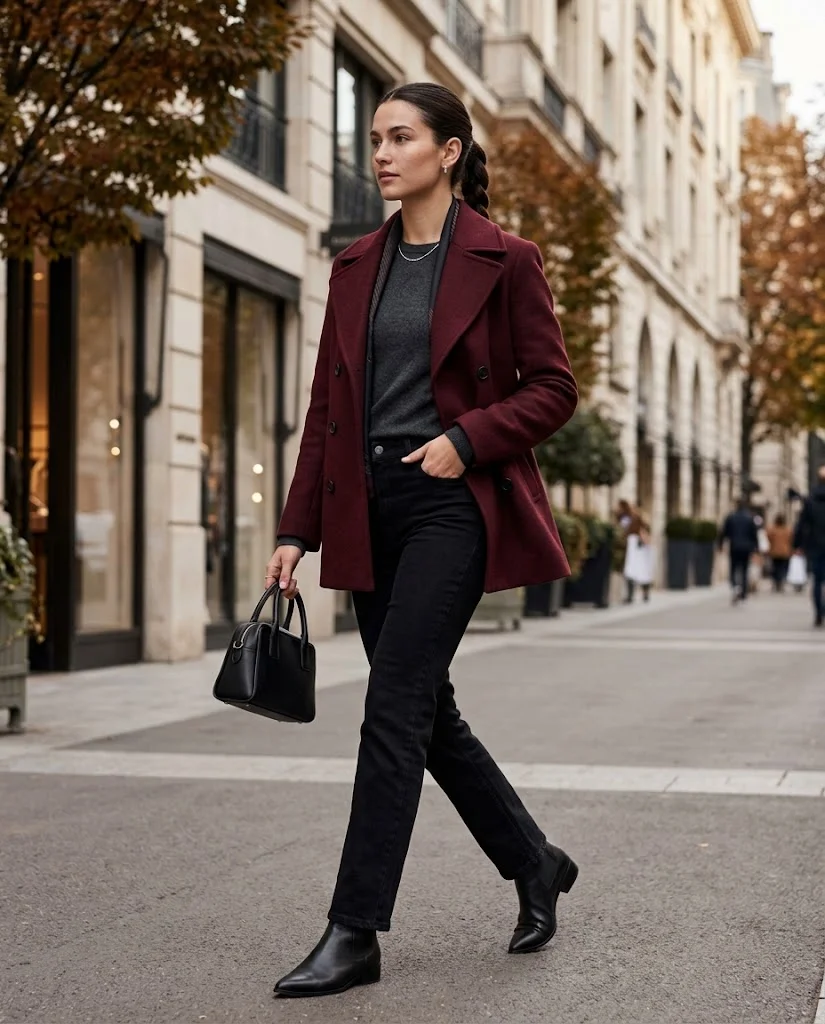 Burgundy Peacoat with Black Straight-Leg Jeans Peacoat Fall Outfit