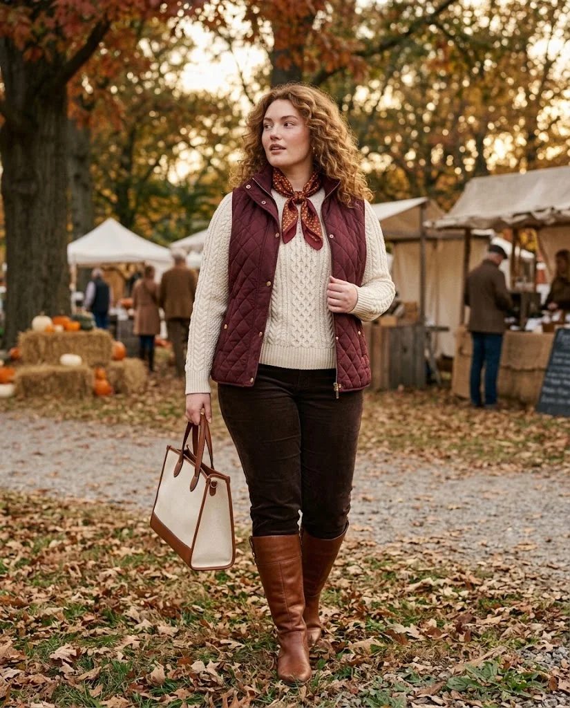 Burgundy Quilted Vest With Cream Aran Knit and Espresso Corduroy Pants Old Money Fall Fair Outfit