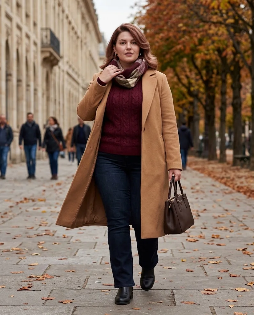 Plus Size Cold Fall Outfits: Cozy Looks for Chilly Autumn Days 21 Burgundy Sweater + Dark Bootcut Jeans + Long Coat Plus Size Cold Fall Outfit