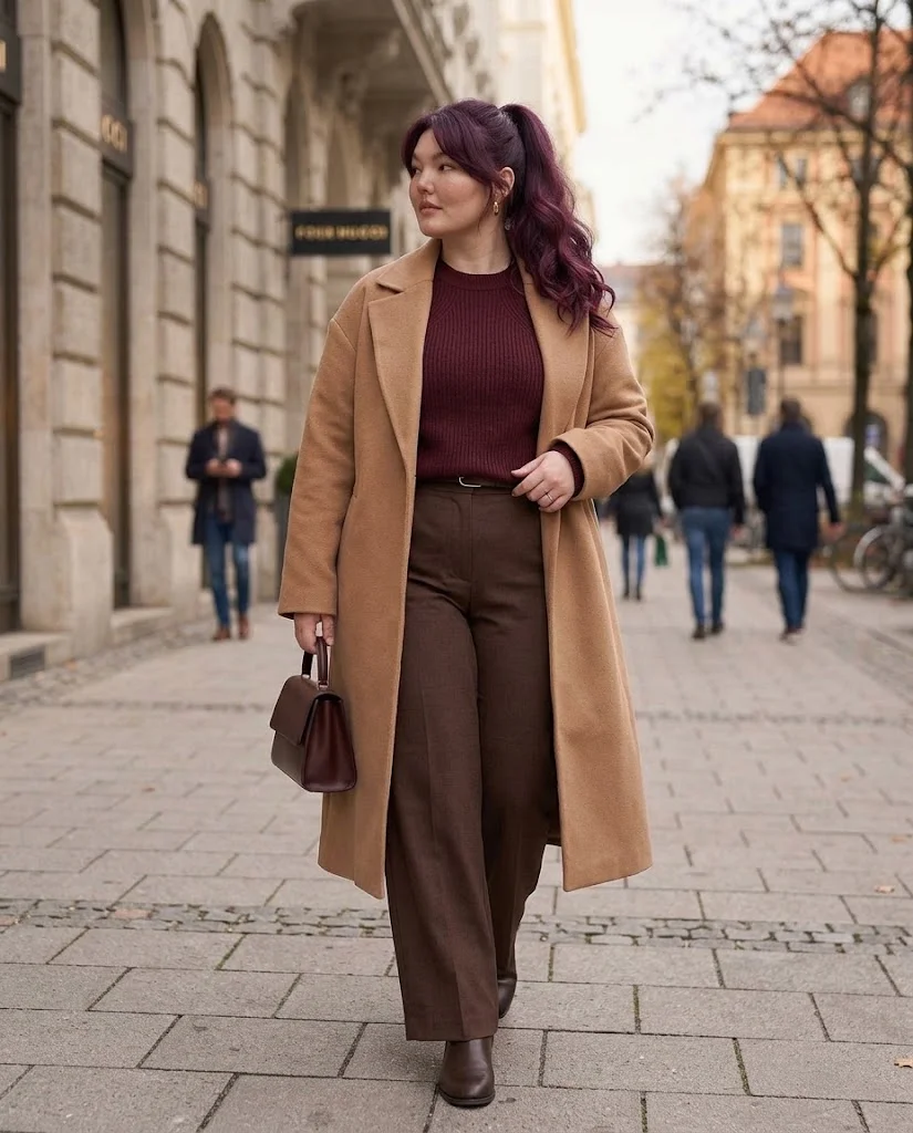 Burgundy Sweater and Chocolate Trousers with Long Coat Plus Size Late Fall Outfit