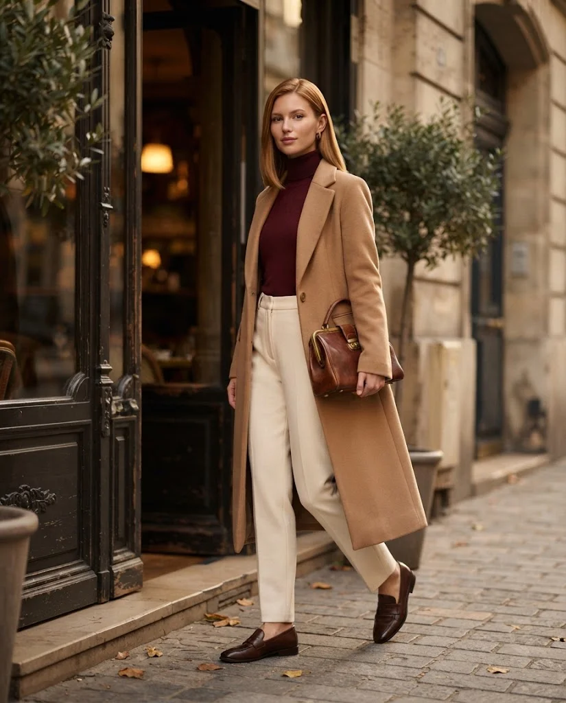 Burgundy Sweater with Cream Trousers Old Money Cold Fall Outfit