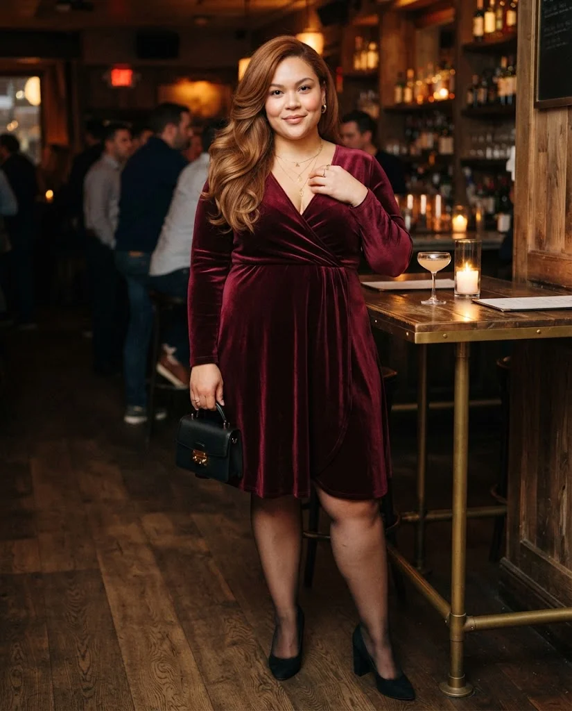 Plus Size Fall Bar Outfits: 20 Chic Looks for Nights Out 12 Burgundy Velvet Wrap Dress With Layered Gold Necklaces Plus Size Fall Bar Outfit