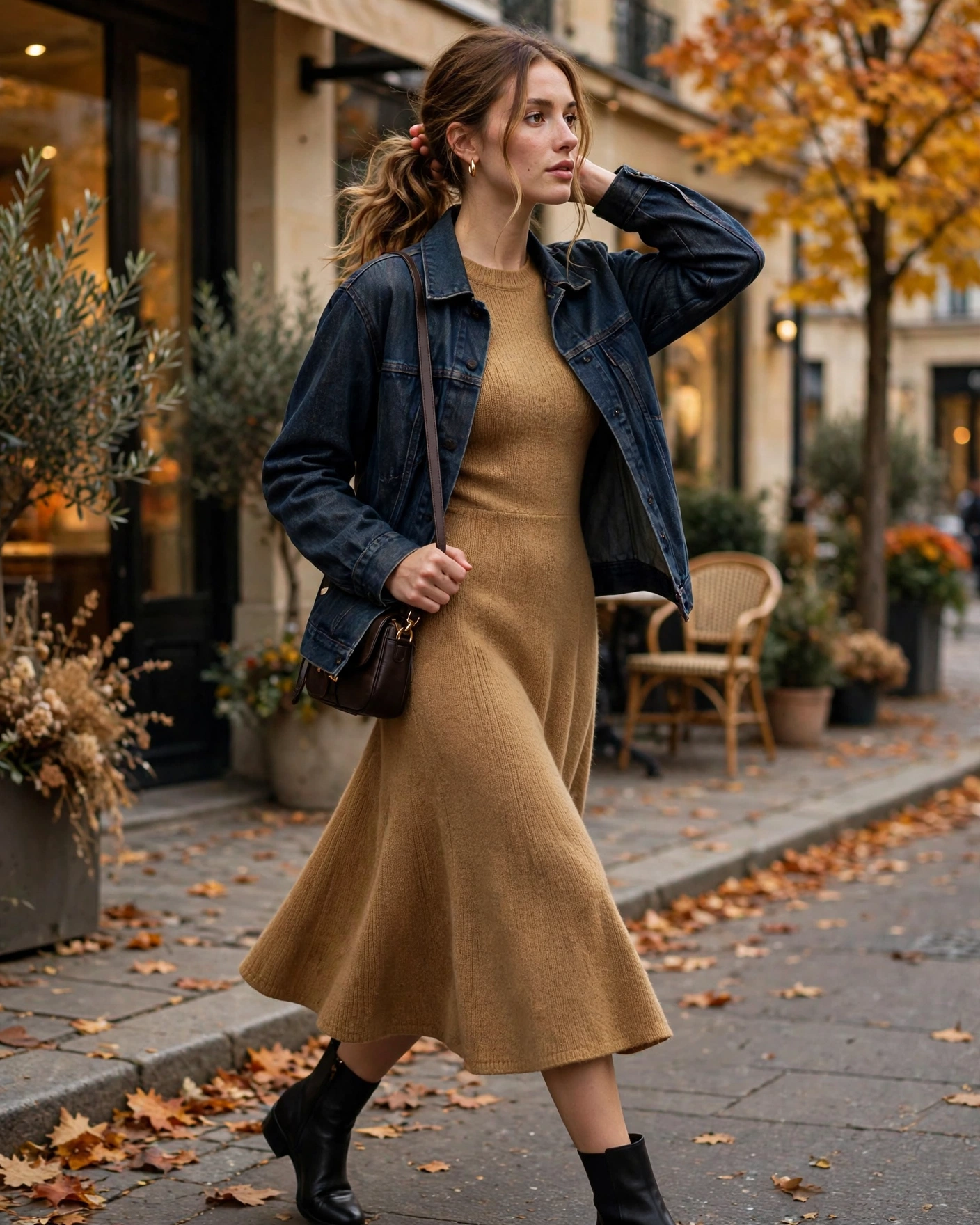 Fall Sweater Dress Outfits: 22 Cozy and Chic Looks You’ll Want to Wear All Season 23 Burnished Gold Sweater Dress with Dark Denim Jacket Sweater Dress Fall Outfit