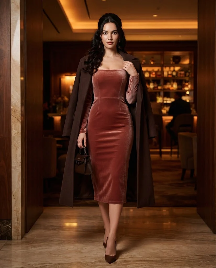 Burnished Rose Velvet Column Dress With a Draped Wool Coat Old Money Fall Bar Outfit