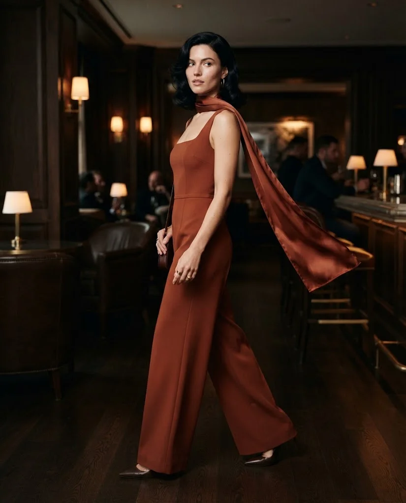 Burnt Sienna Tailored Jumpsuit With a Draped Satin Scarf Old Money Fall Bar Outfit