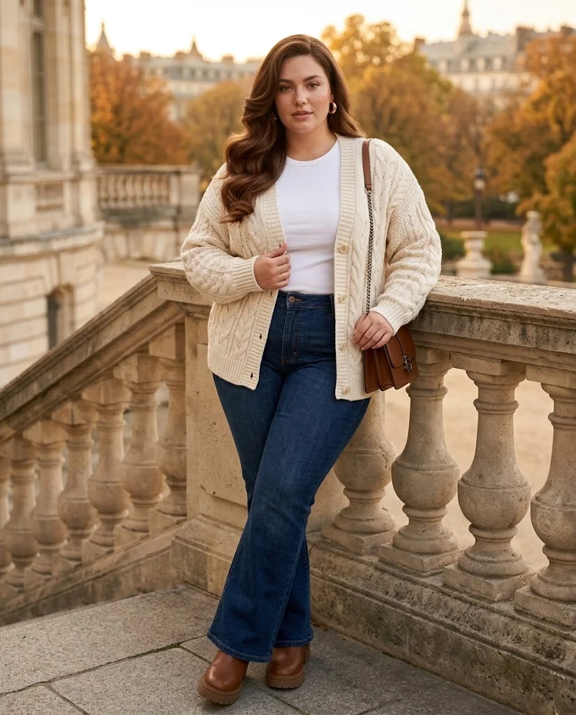 Plus Size Cold Fall Outfits: Cozy Looks for Chilly Autumn Days 14 Cable-Knit Cardigan + Flare Jeans + Platform Boots Plus Size Cold Fall Outfit