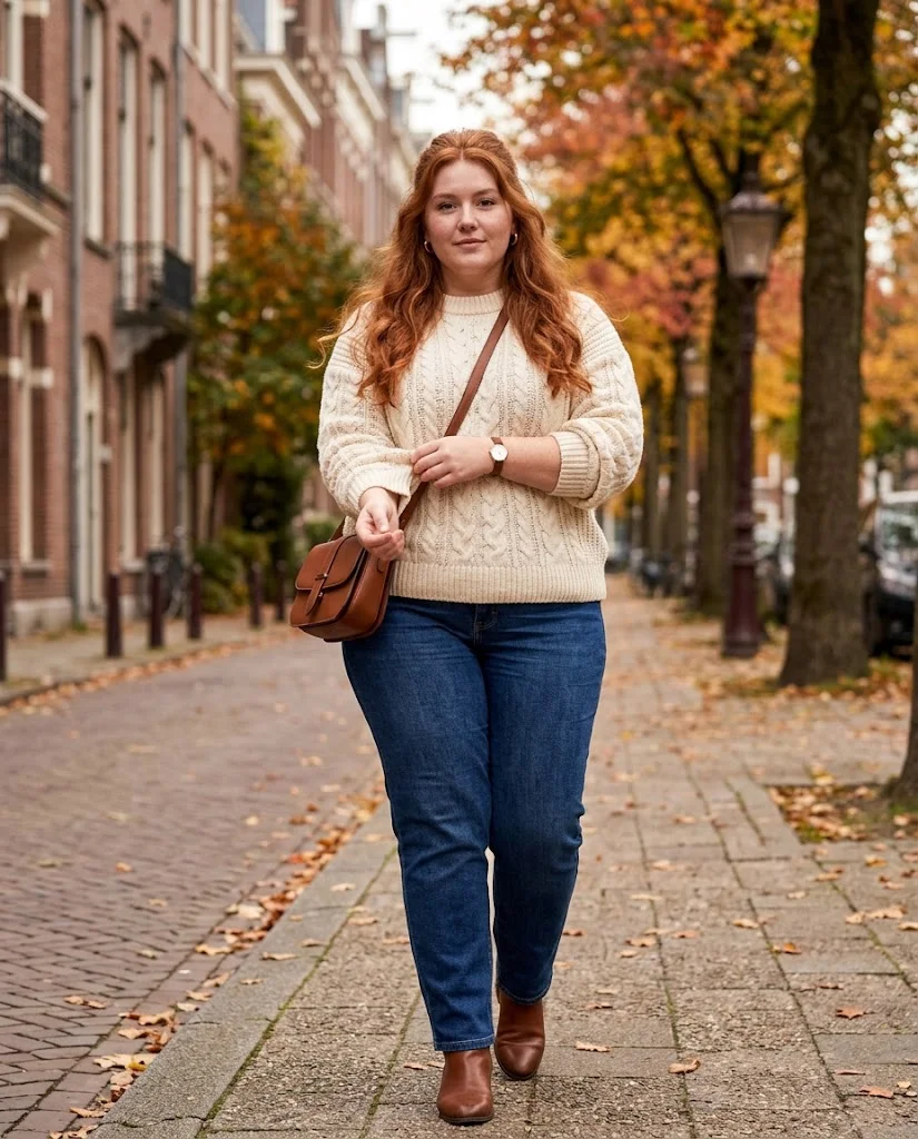 Plus Size Cold Fall Outfits: Cozy Looks for Chilly Autumn Days 2 Cable-Knit Sweater + Straight-Leg Jeans + Ankle Boots Plus Size Cold Fall Outfit
