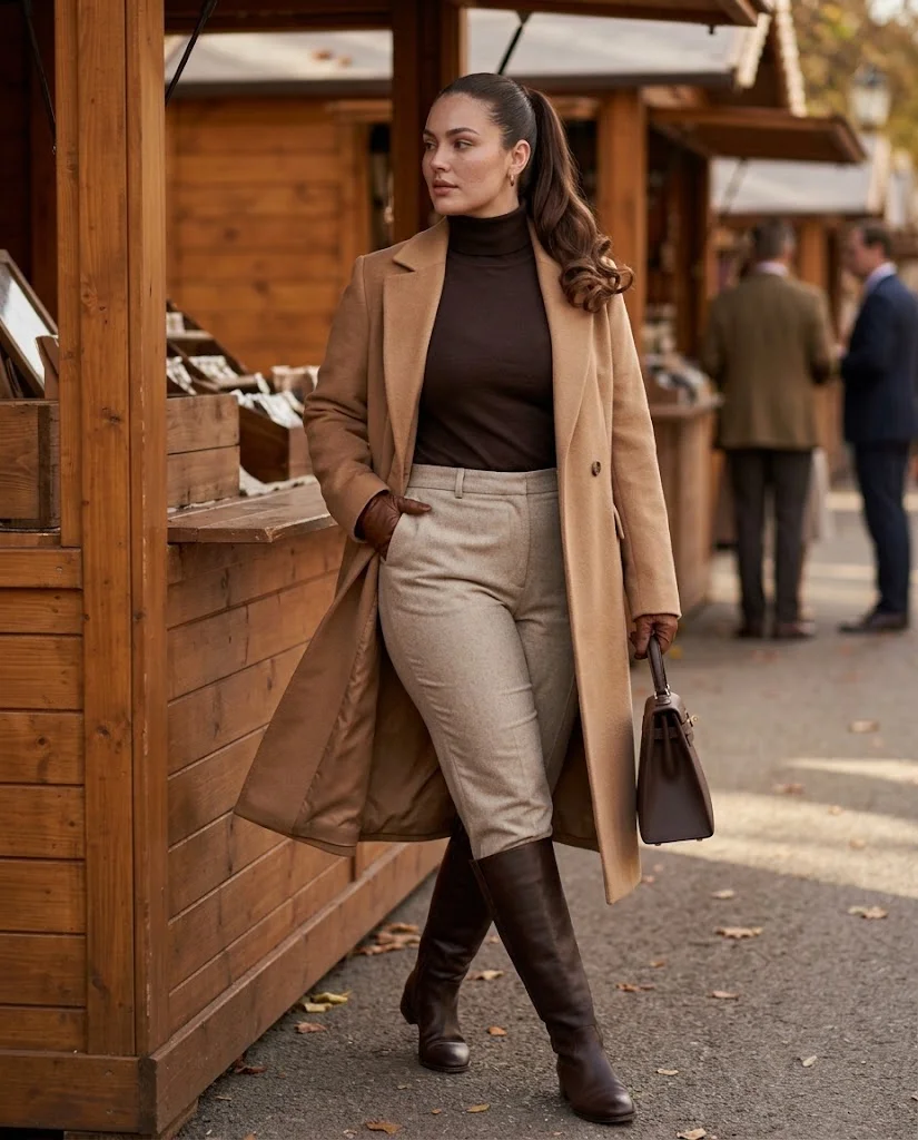 Camel Cashmere Coat With Espresso Turtleneck and Stone Wool Trousers Old Money Fall Fair Outfit