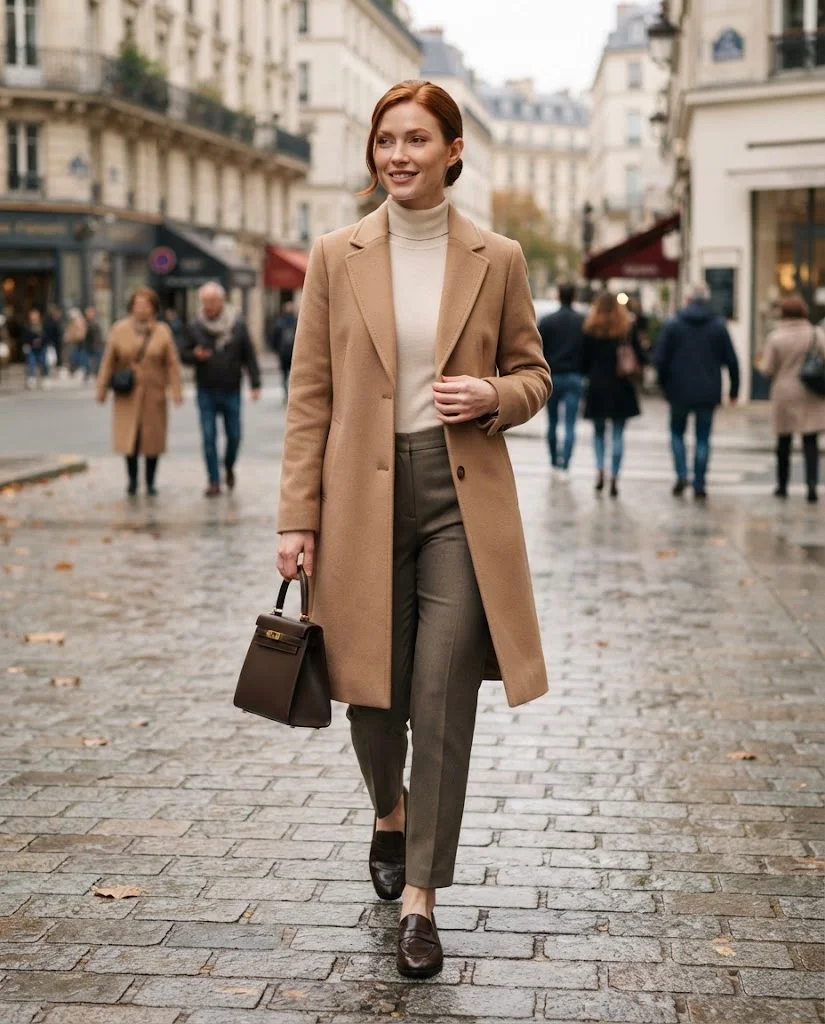 Camel Wool Coat with Cream Turtleneck Old Money Cold Fall Outfit