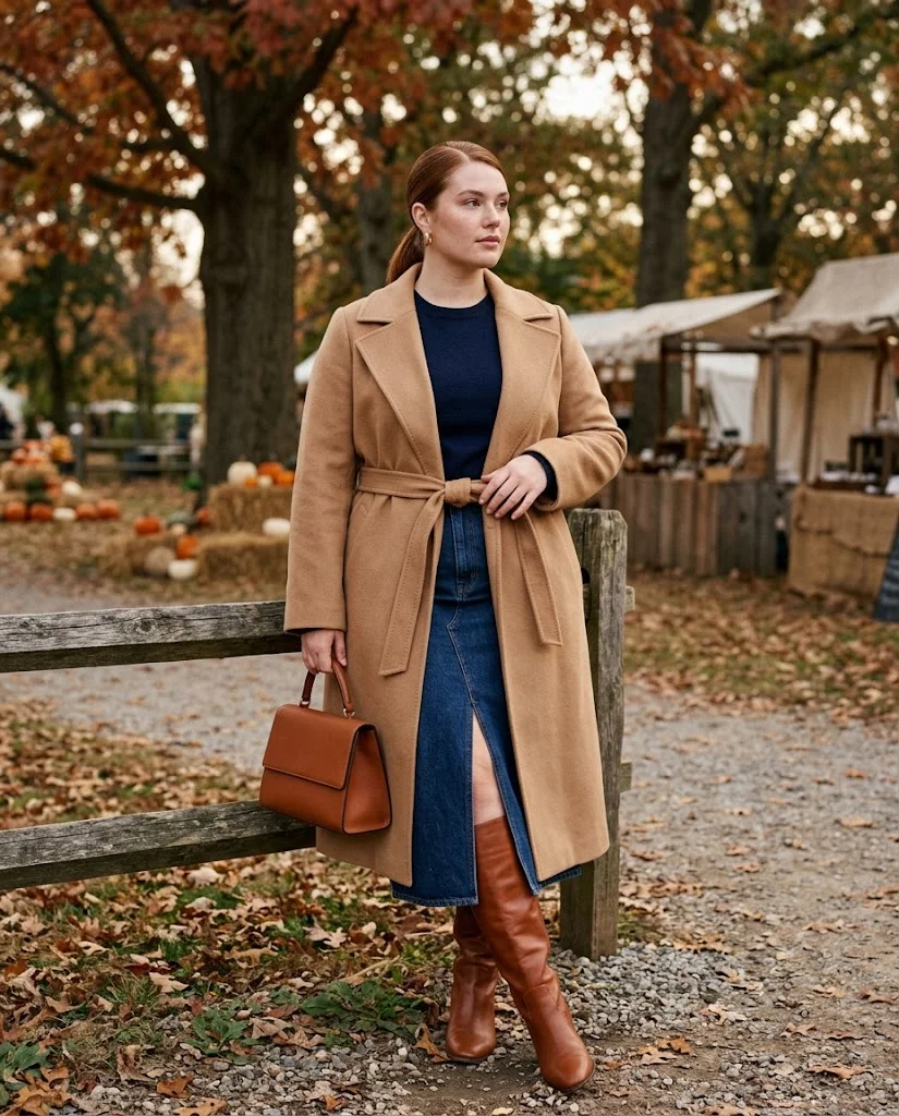 Camel Wrap Coat With Navy Cashmere Crew and Denim Midi Skirt Old Money Fall Fair Outfit