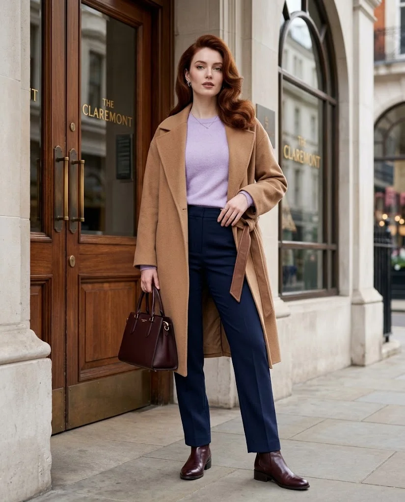 20 Late Fall Outfit Ideas for Women 7 Camel Wrap Coat with Lavender Knitwear Late Fall Outfit
