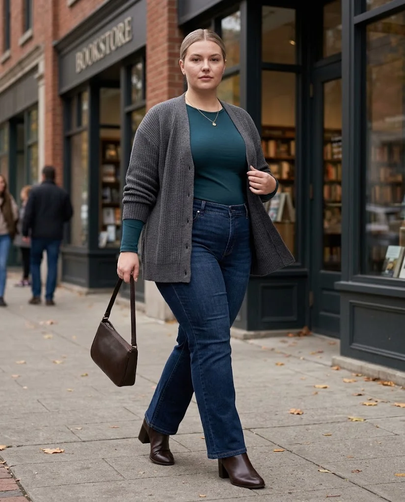 Plus Size Cold Fall Outfits: Cozy Looks for Chilly Autumn Days 8 Cardigan + Dark Bootcut Jeans + Ankle Boots Plus Size Cold Fall Outfit