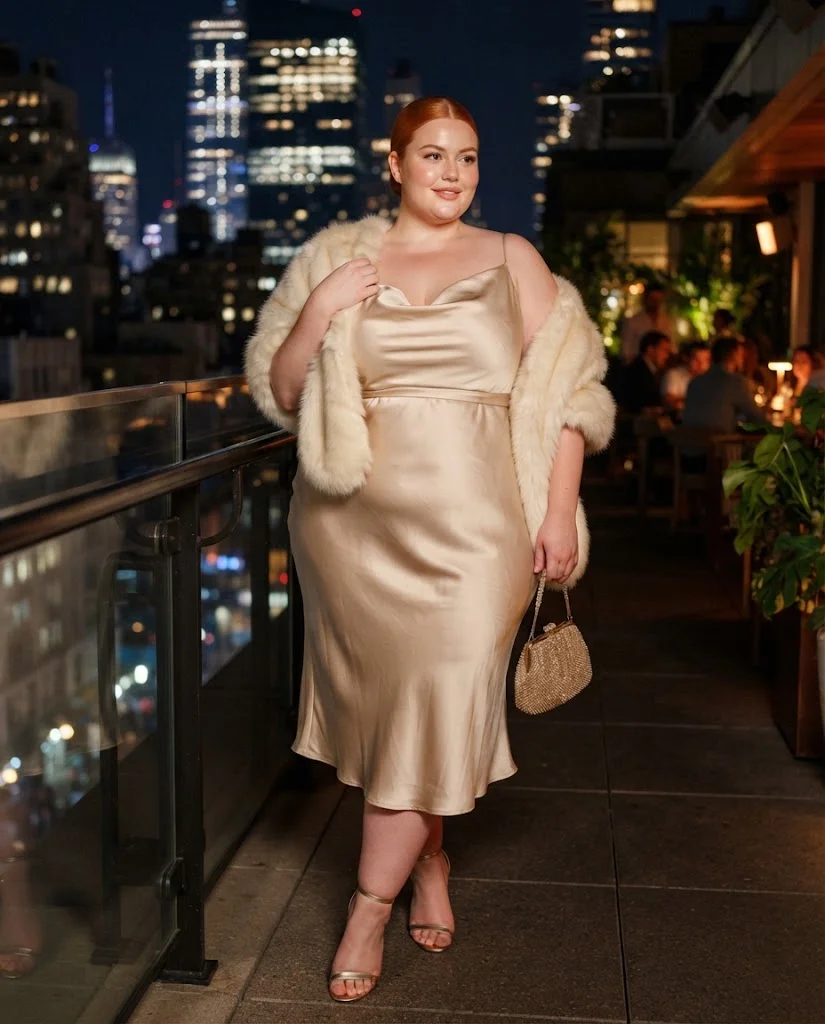 Plus Size Fall Bar Outfits: 20 Chic Looks for Nights Out 14 Champagne Satin Midi Dress With a Faux Fur Stole Plus Size Fall Bar Outfit