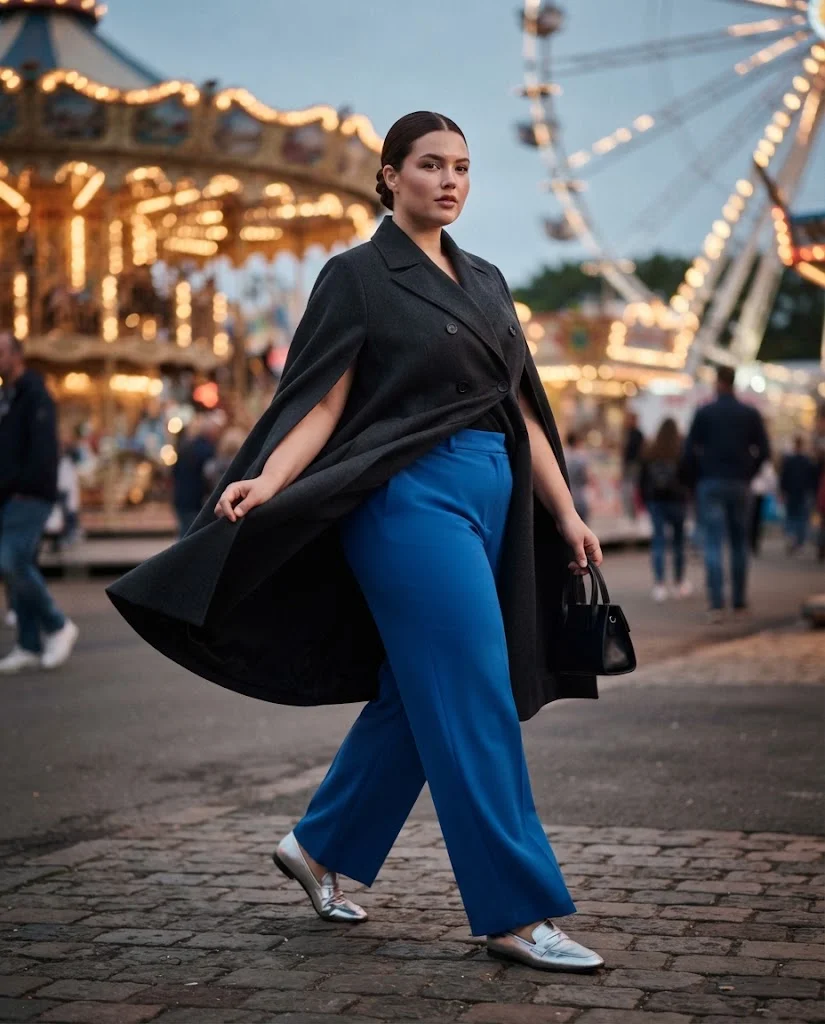 Plus Size Fall Fair Outfits: 20 Flattering and Comfortable Looks 6 Charcoal Double-Breasted Cape Coat With Electric Blue Trousers and Silver Loafers Plus Size Fall Fair Outfit