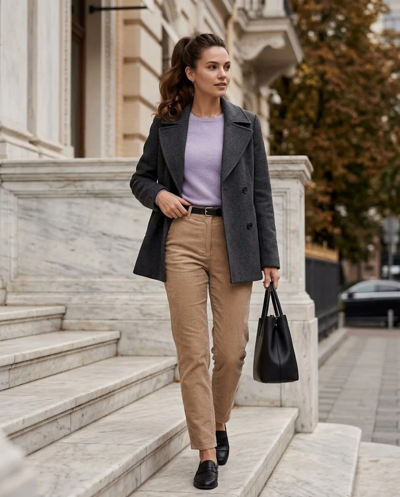 Charcoal Peacoat with Corduroy Trousers Peacoat Fall Outfit