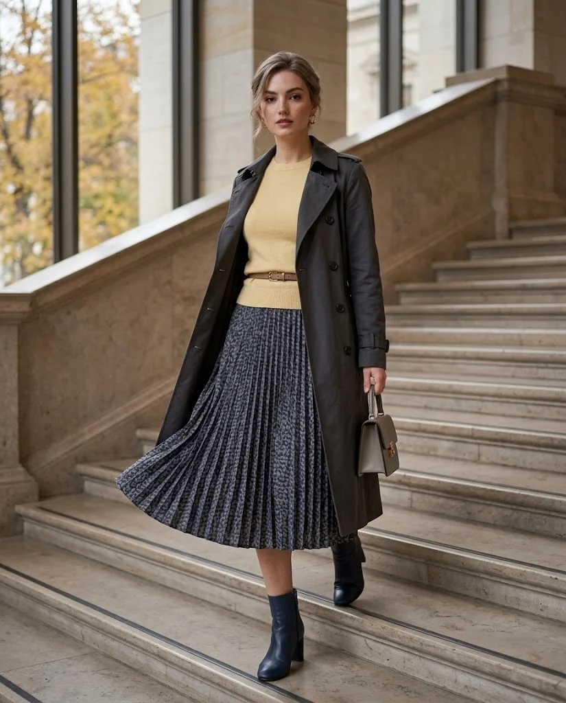 Trench Coat Fall Outfits: 22 Chic Outfit Ideas to Elevate Your Autumn Wardrobe 19 Charcoal Trench with a Printed Pleated Skirt Trench Coat Fall Outfit