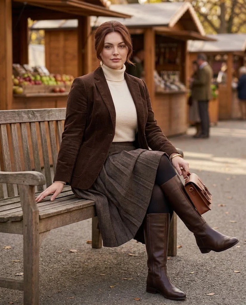 Chocolate Corduroy Blazer With Ivory Turtleneck and Pleated Wool Skirt Old Money Fall Fair Outfit