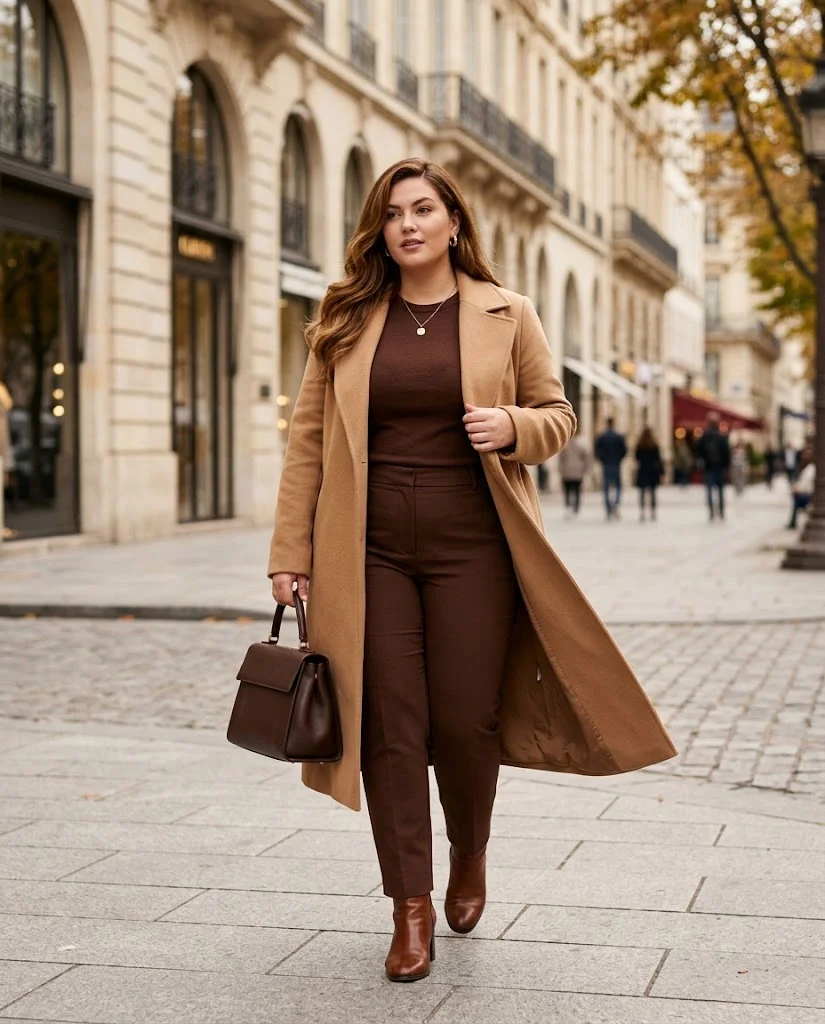 Chocolate Monochrome Look with a Camel Coat Plus Size October Outfit
